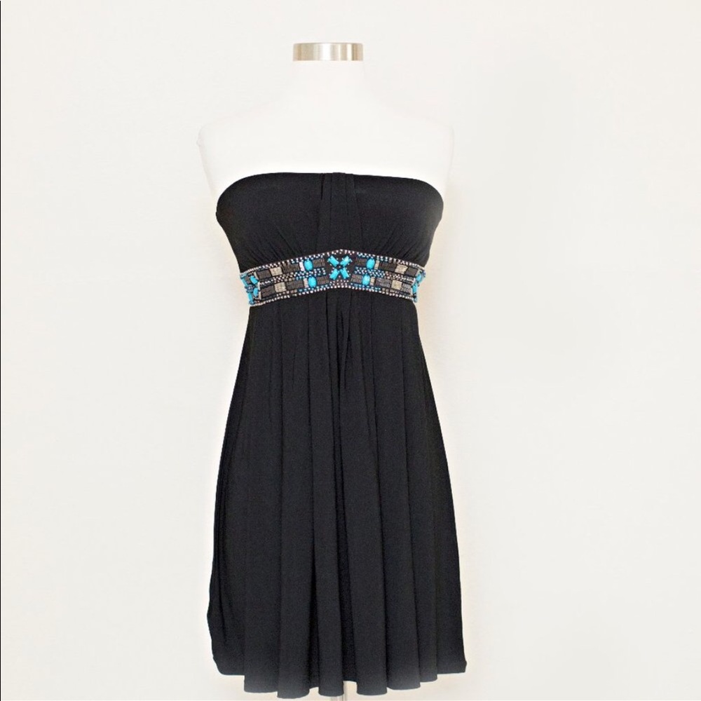 WHBM Black Strapless Turquoise beaded dress Size 4
